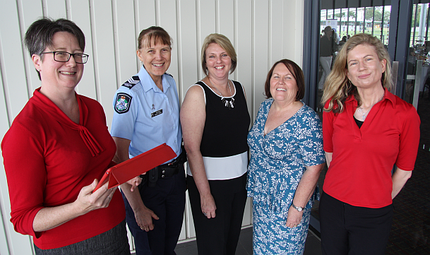 USQ's Dr Jenny Ostini (far left) is working on digital safety strategies for communities and is pictured with (from left) Queensland Police officers Wendy O'Neill and Nadine Webster, Ipswich City Council Mayoress Janet Pisasale and USQ's Dr Susan Hopkins