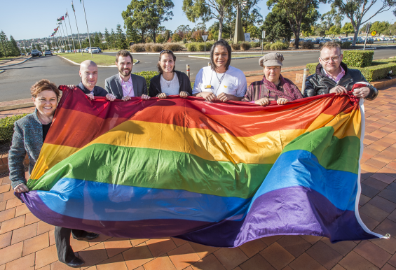 USQ Vice-Chancellor and President Professor Jan Thomas with members of the Ally Network (from left) Dr Jeremy Patrick, Josh Schonfeld, Kate Young, Trae Davidson, Theresa Thicthener and Dr Geoffrey Parkes