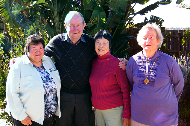 Having a look through the beautiful gardens at the Toowoomba Hospice with the Hospice Chairman Graham Barron OAM is Robyne Hilditch, Helen Strange OAM and Delma Starkoff from the War Widows Guild of Australia Toowoomba Branch after they presented him with a donation of $1,456.00